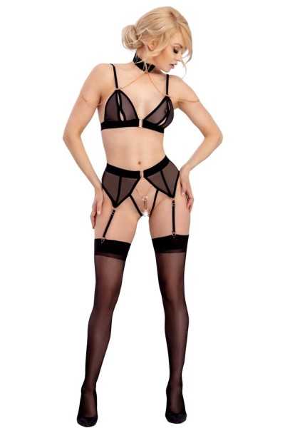 Set intimo in microrete e velluto con catene.