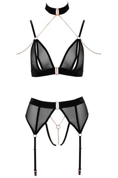 Set intimo in microrete e velluto con catene.