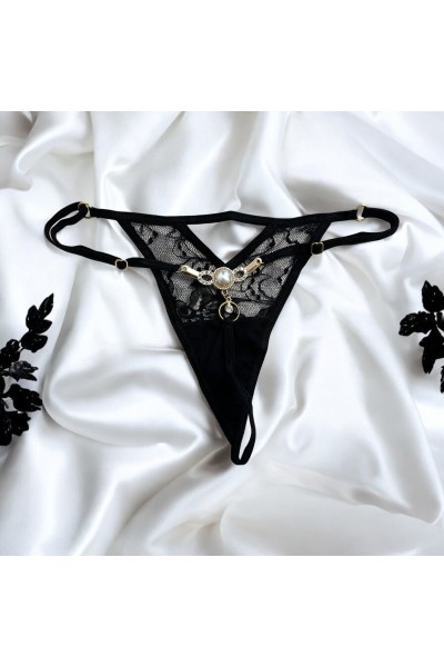 Perizoma nero con gioiello di perle e strass dorati