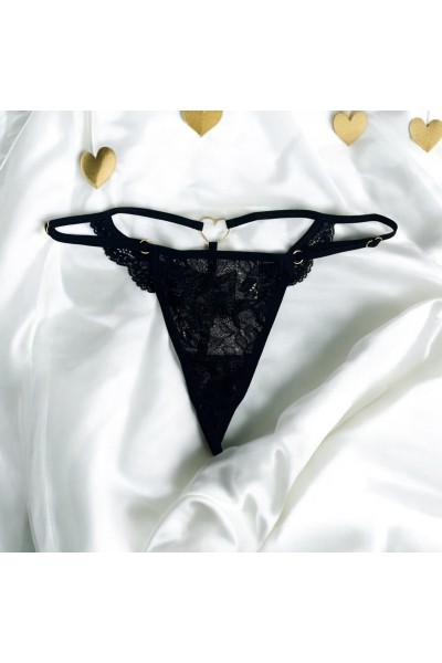 Perizoma in pizzo nero con gioiello a forma di cuore dorato