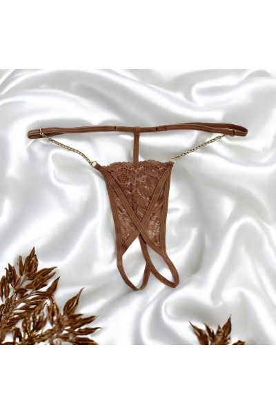 Perizoma aperto in pizzo color talpa con catene dorate