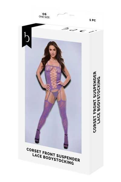 Bodystocking in pizzo viola stile giarrettiera