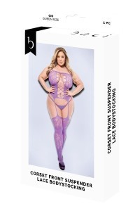 Bodystocking in pizzo viola stile giarrettiera taglia grande