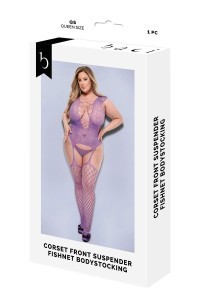 Bodystocking in pizzo e rete viola stile giarrettiera taglia grande