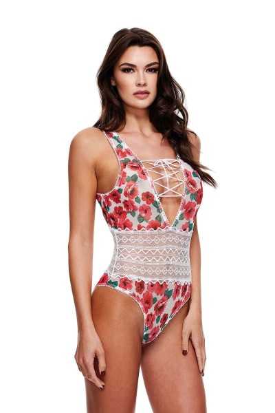 Body floreale con pizzo e stringhe