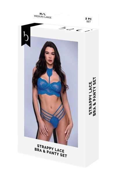 Set reggiseno e slip in pizzo con spalline blu