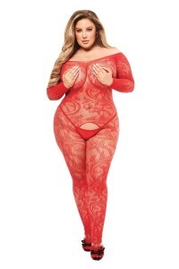 Bodystocking aperta a maniche lunghe rossa taglia grande