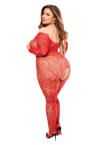 Bodystocking aperta a maniche lunghe rossa taglia grande