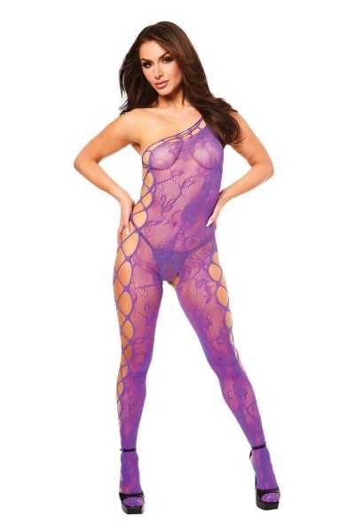 Bodystocking aperto in rete e pizzo floreale viola