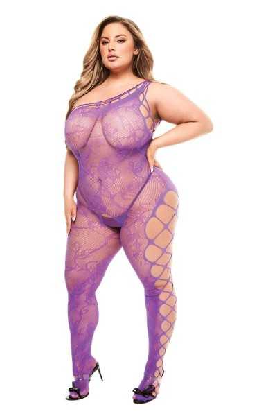 Bodystocking aperto in rete e pizzo floreale viola taglia grande