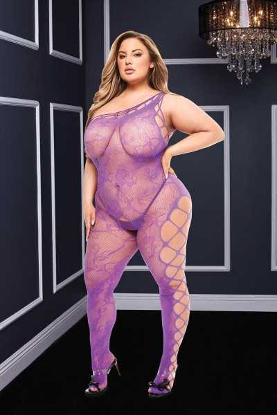 Bodystocking aperto in rete e pizzo floreale viola taglia grande