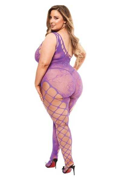 Bodystocking aperto in rete e pizzo floreale viola taglia grande