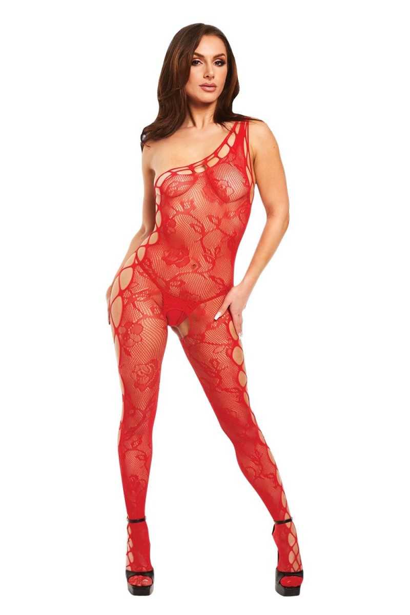 Bodystocking aperto in rete e pizzo floreale rosso