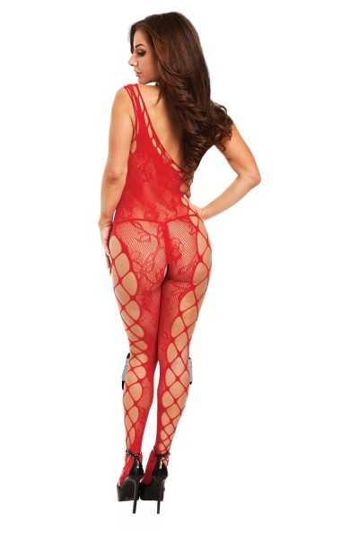 Bodystocking aperto in rete e pizzo floreale rosso