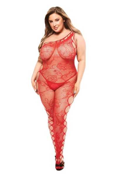 Bodystocking aperto in rete e pizzo floreale rosso taglia grande