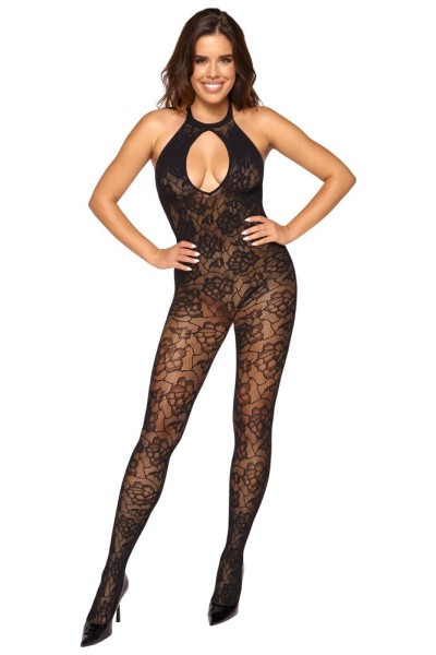 Bodystocking aperta in pizzo floreale senza cuciture