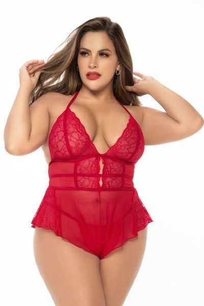 Body effetto babydoll rosso e perizoma taglia grande