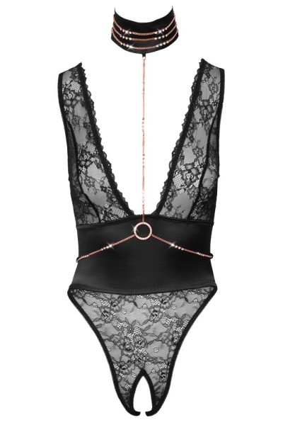 Body in pizzo con collare e catenine con anello