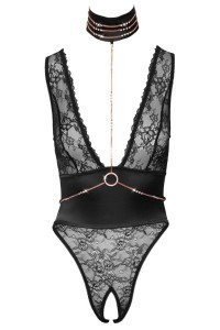 Body in pizzo con collare e catenine con anello