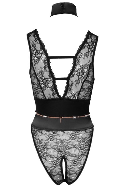 Body in pizzo con collare e catenine con anello