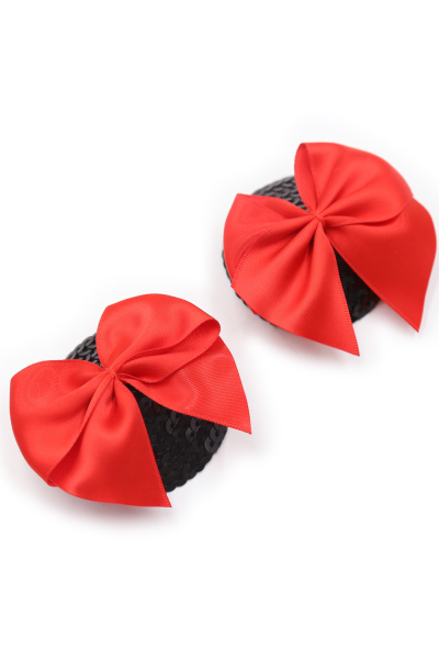 Coppia di copricapezzoli adesivi neri con papillon rosso
