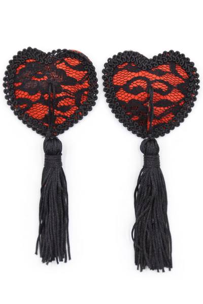 Coppia di copricapezzoli adesivi a forma di cuore con pizzo nero e pompon
