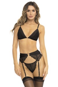 Completo nero tre pezzi, reggiseno, reggicalze e perizoma