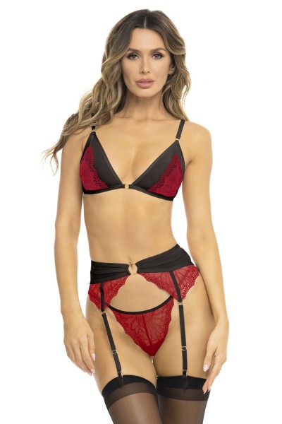 Completo rosso tre pezzi, reggiseno, reggicalze e perizoma