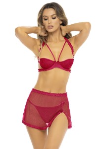 Completo rosso tre pezzi, reggiseno, gonna e perizoma