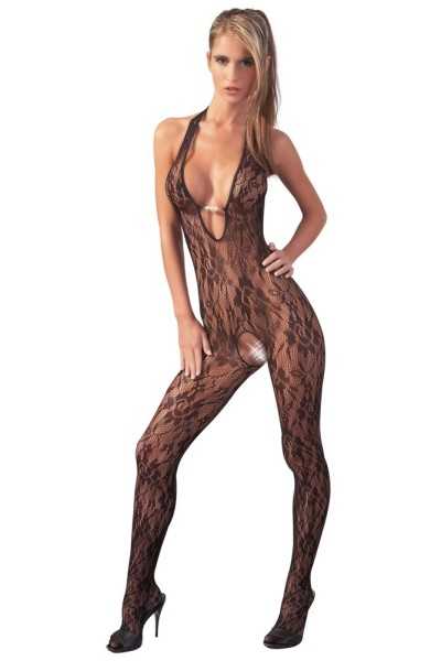 Catsuit aperta all'inguine in pizzo con perle