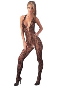 Catsuit aperta all'inguine in pizzo con perle