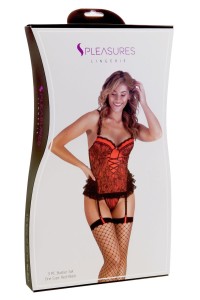 Corsetto con perizoma e calze nero/rosso