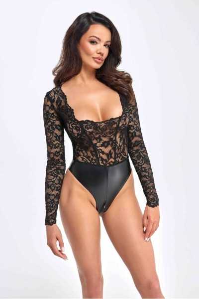 Body in tessuto wetlook e pizzo Psyche