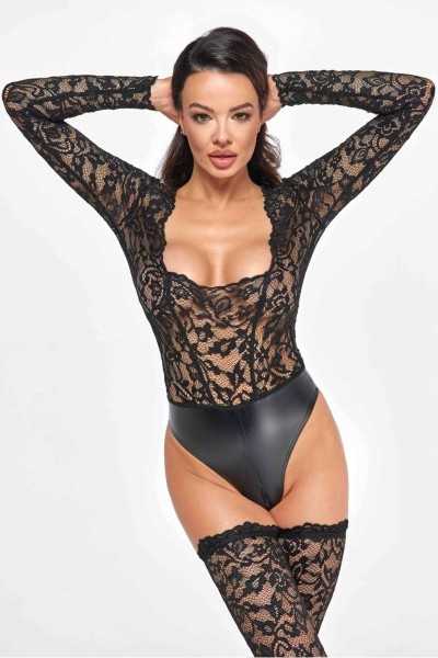 Body in tessuto wetlook e pizzo Psyche