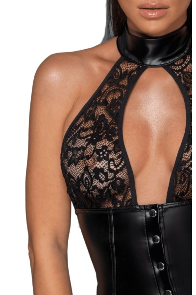 Miniabito in tessuto wetlook con top in pizzo