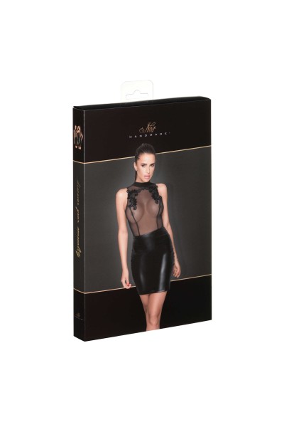 Abito smanicato in tessuto wetlook e tulle