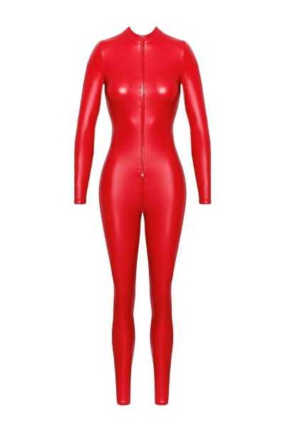 Tuta aderente rossa in tessuto wetlook con zip