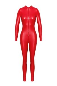 Tuta aderente rossa in tessuto wetlook con zip