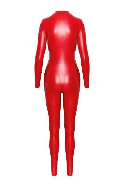 Tuta aderente rossa in tessuto wetlook con zip