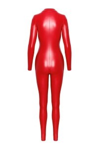 Tuta aderente rossa in tessuto wetlook con zip