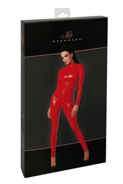 Tuta aderente rossa in tessuto wetlook con zip