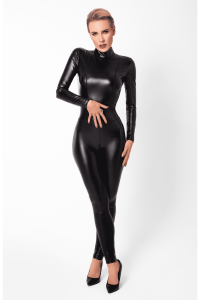 Catsuit aderente in Powerwetlook con cerniere e anello in vita