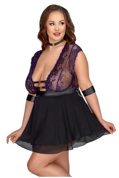 Babydoll nero e viola con polsini e collare